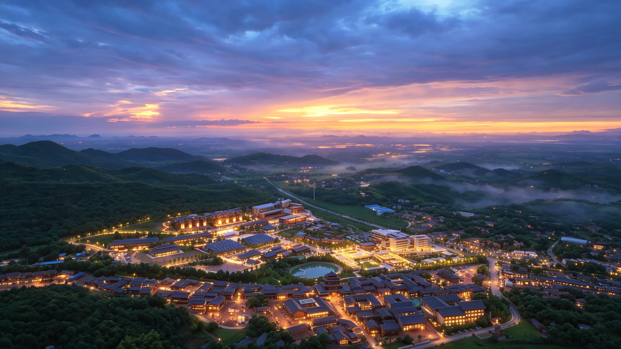 暮色中的庐江矾山文旅片区航拍